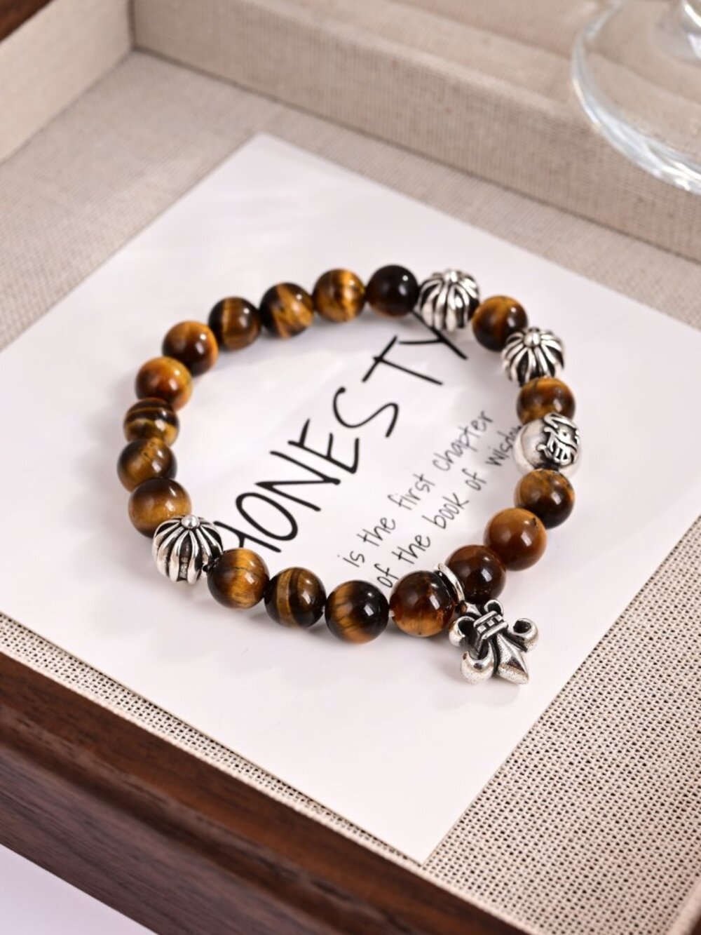 Chrome Hearts Style Tiger's Eye Beaded Bracelet with Fleur-de-lis Charm